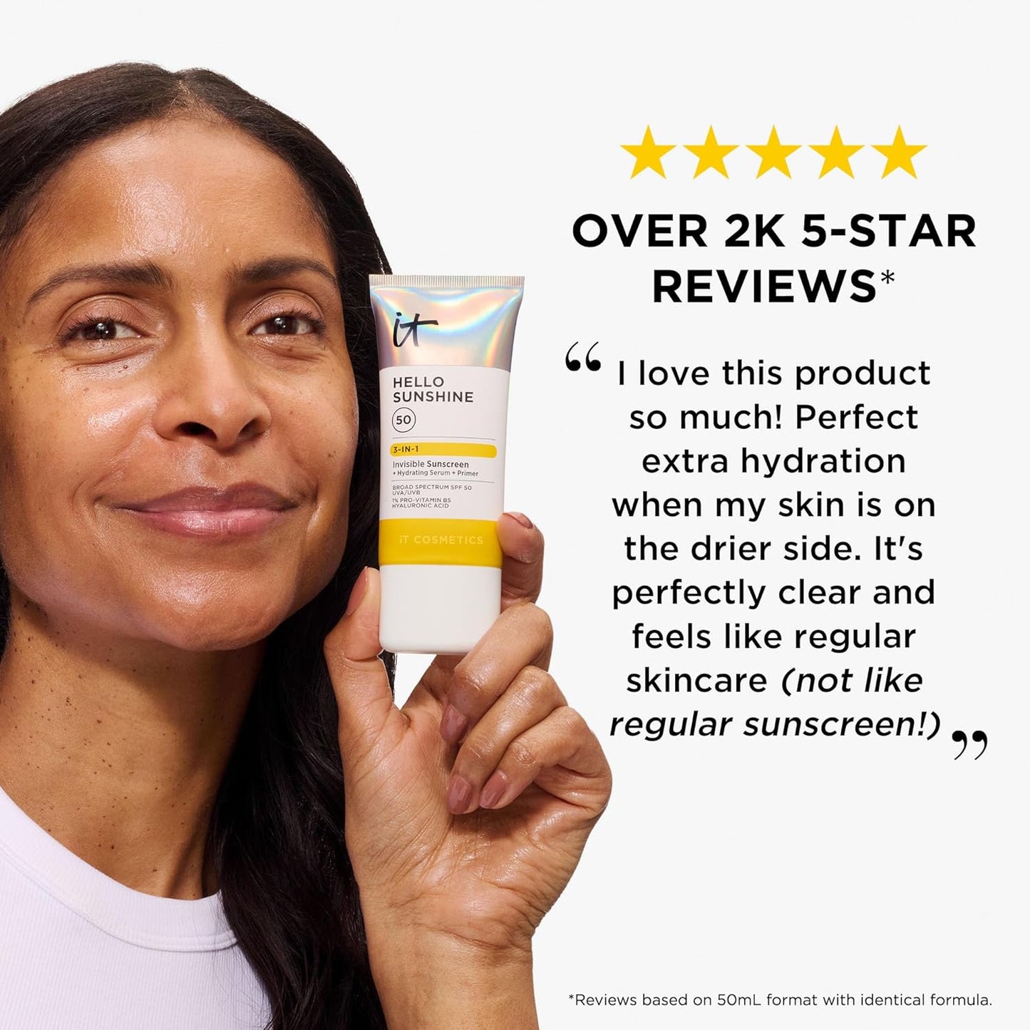 IT Cosmetics Hello Sunshine Invisible Sunscreen SPF 50 - Hydrating Face Primer with Pro-Vitamin B5 & Hyaluronic Acid - No White Cast, 1.7 oz