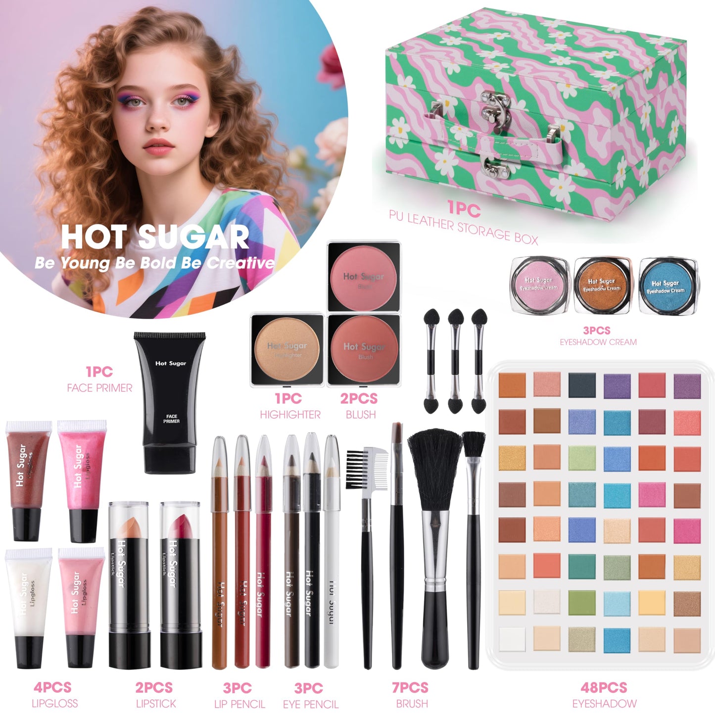 Hot Sugar Makeup Kit for Teens, Women with Deluxe Train Case (Floral Green)