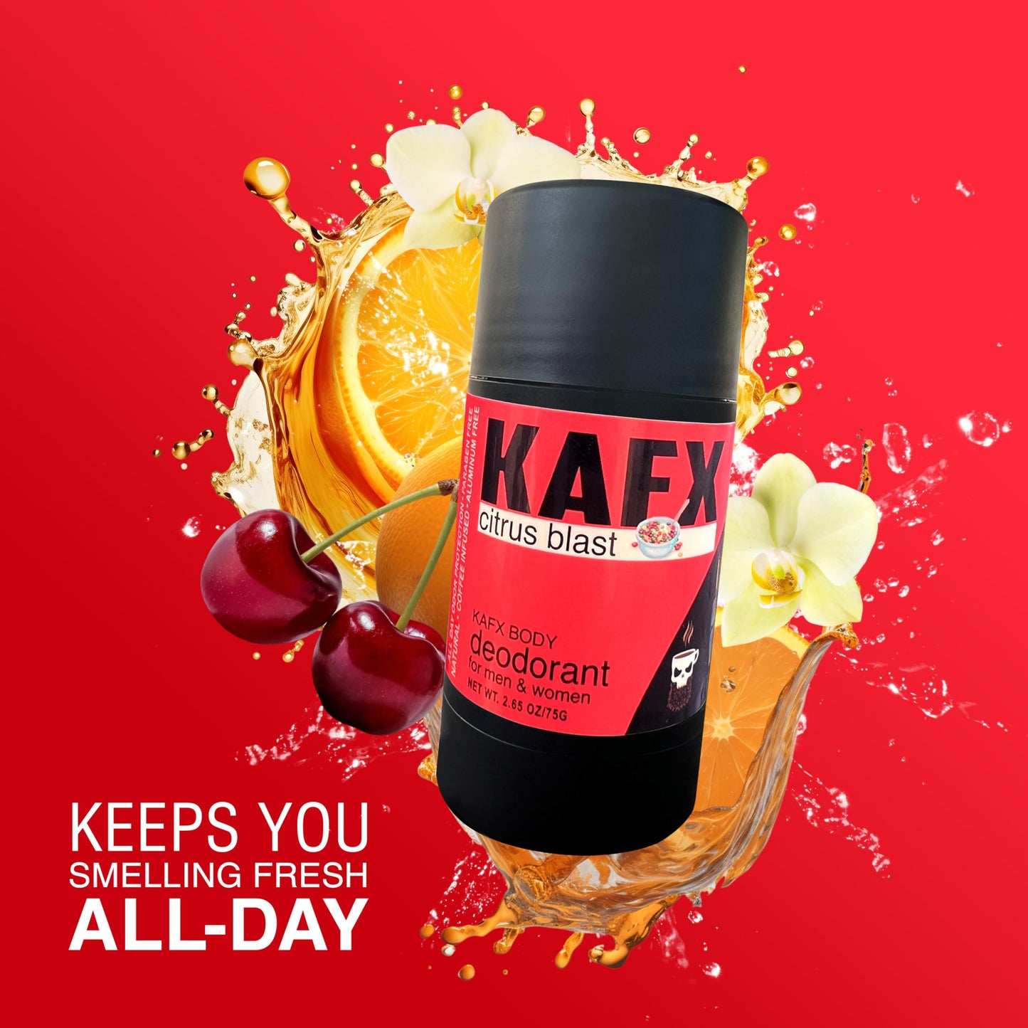 KAFX Body Citrus Blast Deodorant for Women and Men - Organic and Natural, Aluminum-Free, Coffee Oil-Infused for Long-Lasting Odor Protection, Single Pack, Paraben-Free, 2 Pack, 2.65 oz/75 g