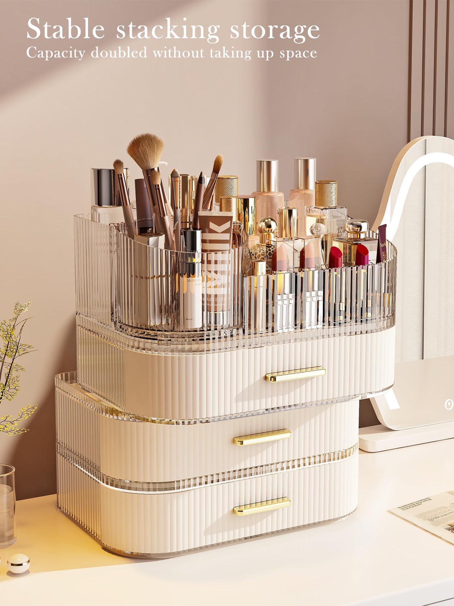 Makeup Organizer with Stackable Drawer, 360 Rotating Makeup Brush Holder, 11-inch Wide Large Cosmetic Display Case, Skincare Organizers and Storage for Vanity, Bathroom Countertop (1 Tray + 2 Drawer)