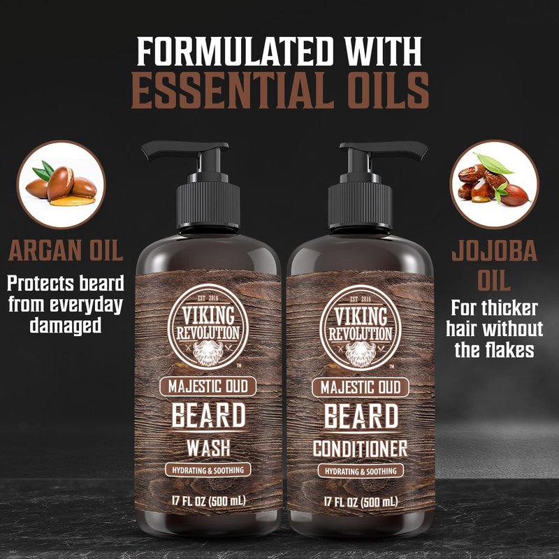Viking Revolution Beard Wash and Beard Conditioner for Men with Argan Oil and Jojoba Oil - Beard Softener and Strengthener Beard Care Beard Shampoo and Conditioner with Beard Oil (17oz, Majestic Oud)