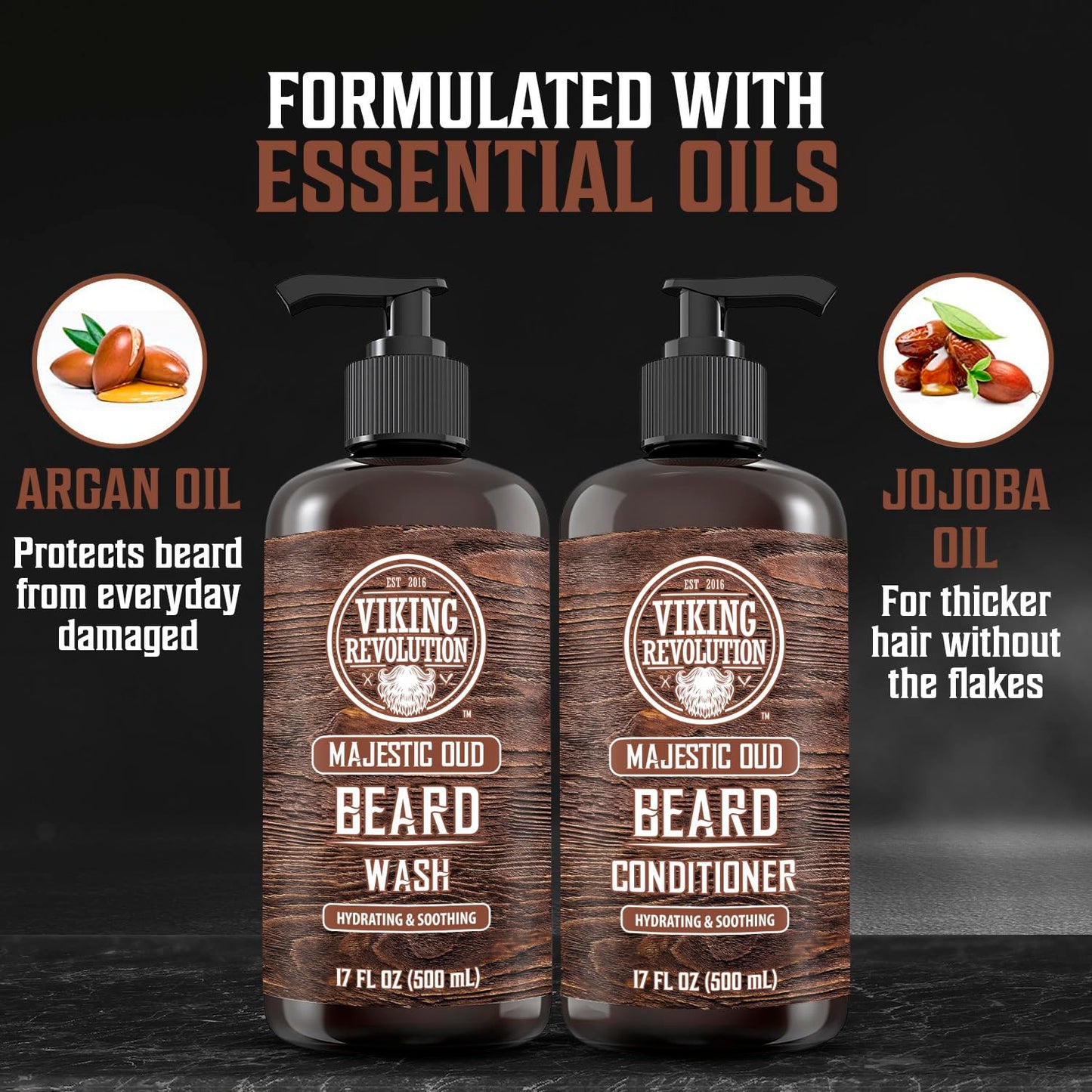 Viking Revolution Beard Wash and Beard Conditioner for Men with Argan Oil and Jojoba Oil - Beard Softener and Strengthener Beard Care Beard Shampoo and Conditioner with Beard Oil (17oz, Majestic Oud)