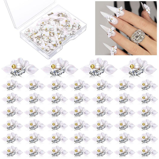 Tinlade 50 Pcs White Flower Nail Charms 3D Acrylic Flower Beads for Nail Gems and Rhinestones with Pearl Beads Crystals Blossom Art Accessories for Women DIY