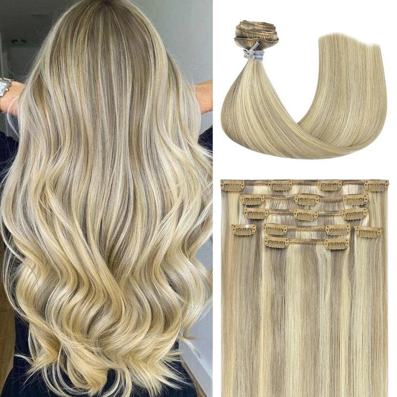 Honsoo Clip in Real Human Hair, Balayage Hair Extensions Mixed Bleach Blonde 12inch 70g 7pcs Straight Silky Blonde Heat Safe Hair