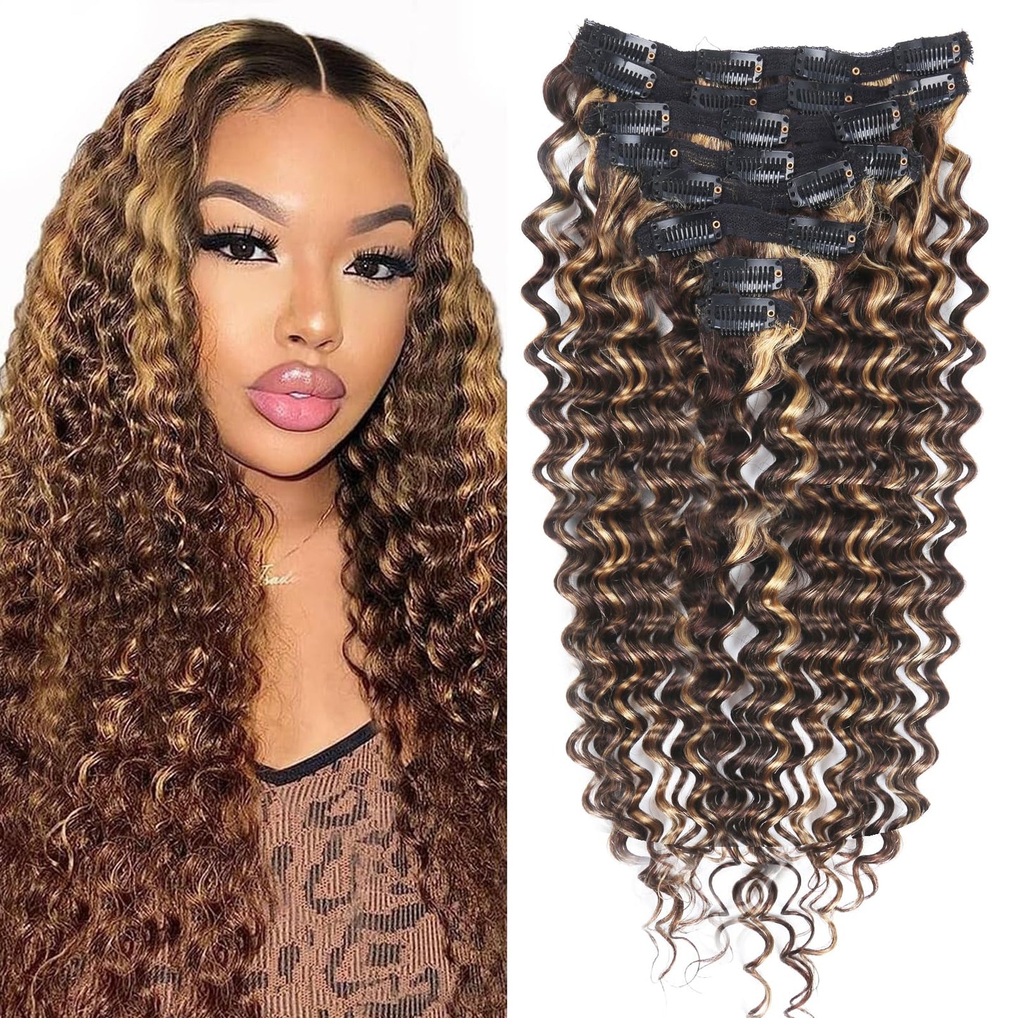 Curly Clip in Hair Extensions Real Human Hair 16inch 100g Invisible & Seamless 100% Brazilian Remy Human Extension Deep Wave Clip ins Extensions Double Weft 8 PCS with 20 Clips Highlight P427