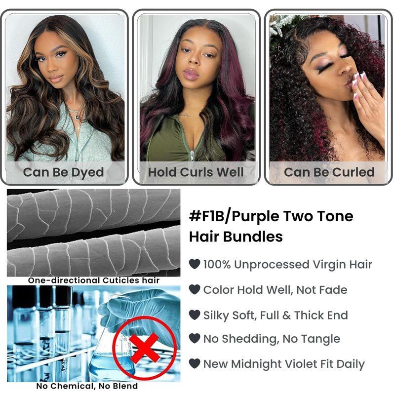 ALHER Black Mix Purple Highlight Bundle Human Hair Body Wave, 12A Soft Thick Single Bundle Wavy Human Hair, 100% Remy Hair Midnight Purple Dark Burgundy Highlight Two Tone Color (#1B/Purple, 16 Inch)