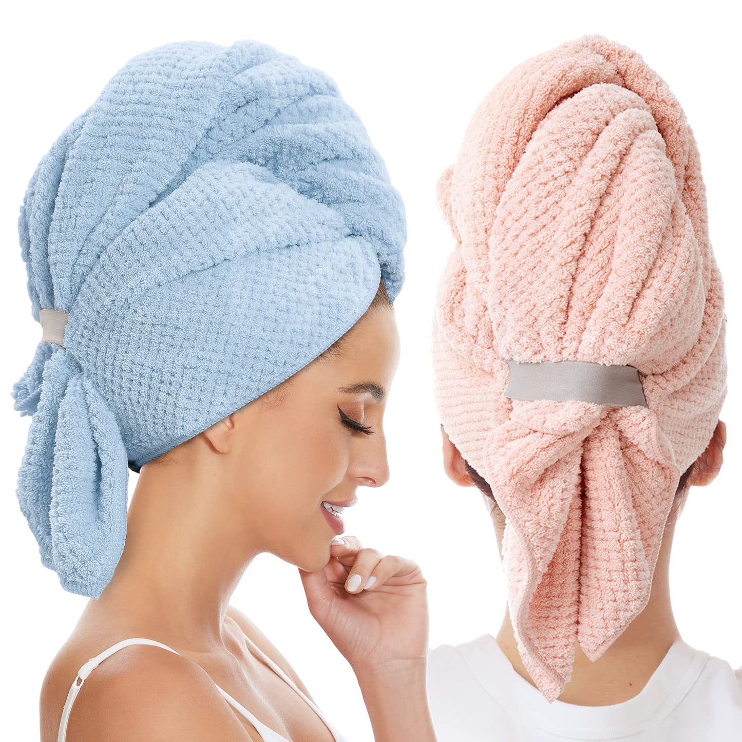 BYCOO 2 Pack Large Microfiber Hair Towel Wrap for Women, Anti Frizz Hair Drying Towels, Fast Dry Hair Turban - for Wet, Long, Thick, Curly Hair - Super Absorbent Soft Towels (Blue & Pink)