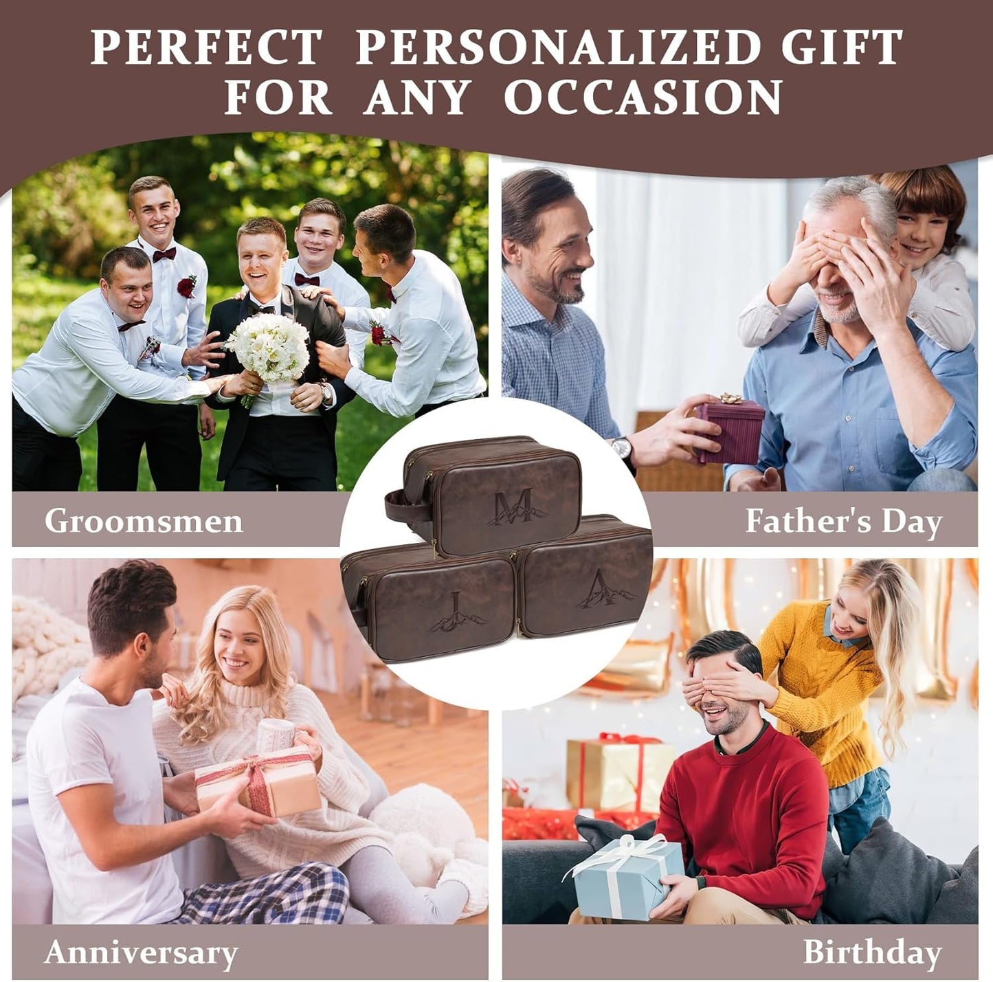 Personalized Toiletry Bag for Men - Custom Initials & Mountain Design | Dark Brown Travel Essentials
