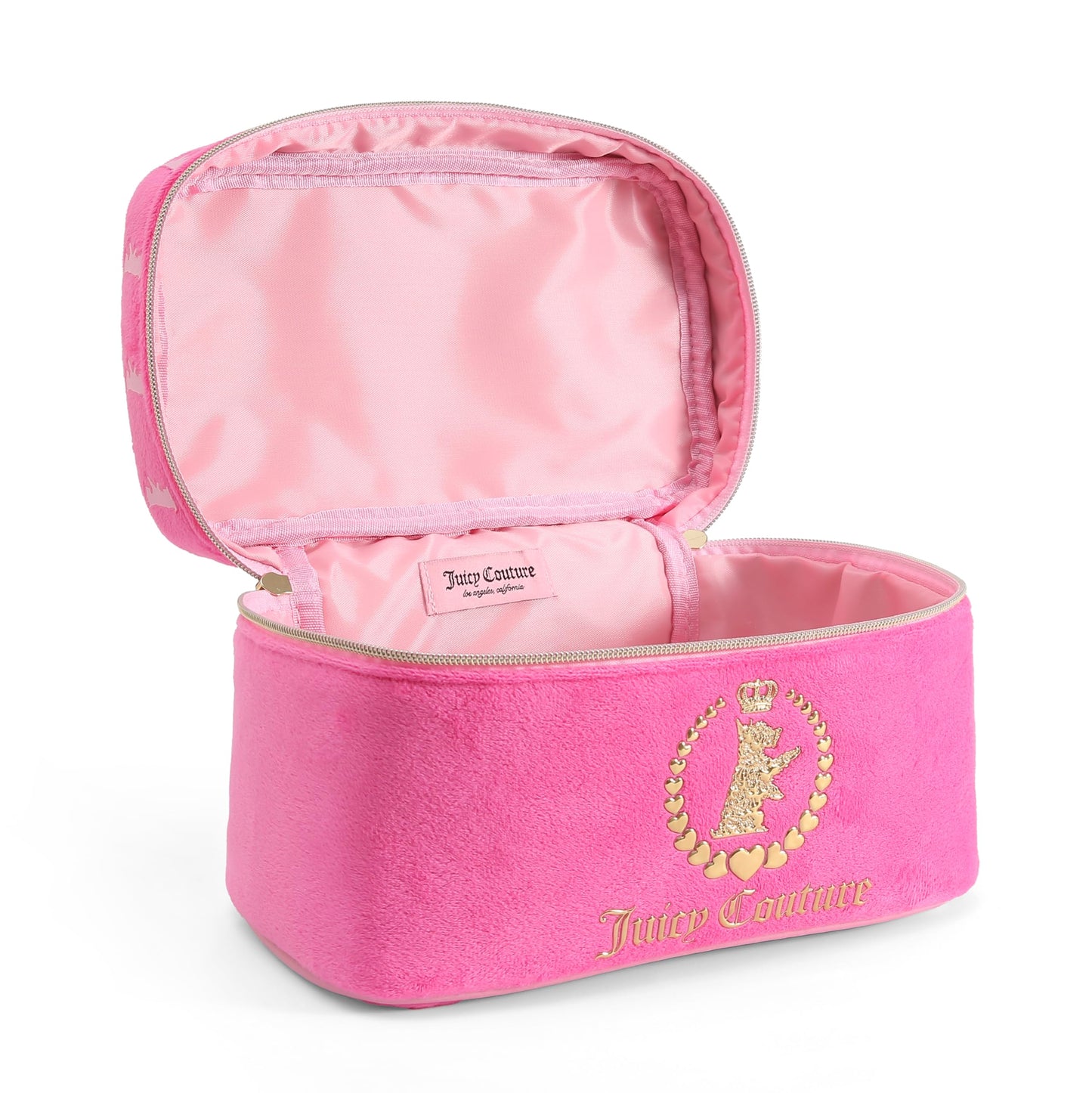 Juicy Couture Hot Pink Makeup Bag Cosmetics Organizer Travel Essentials Train Case Gold Terroir Dog Crown Velour