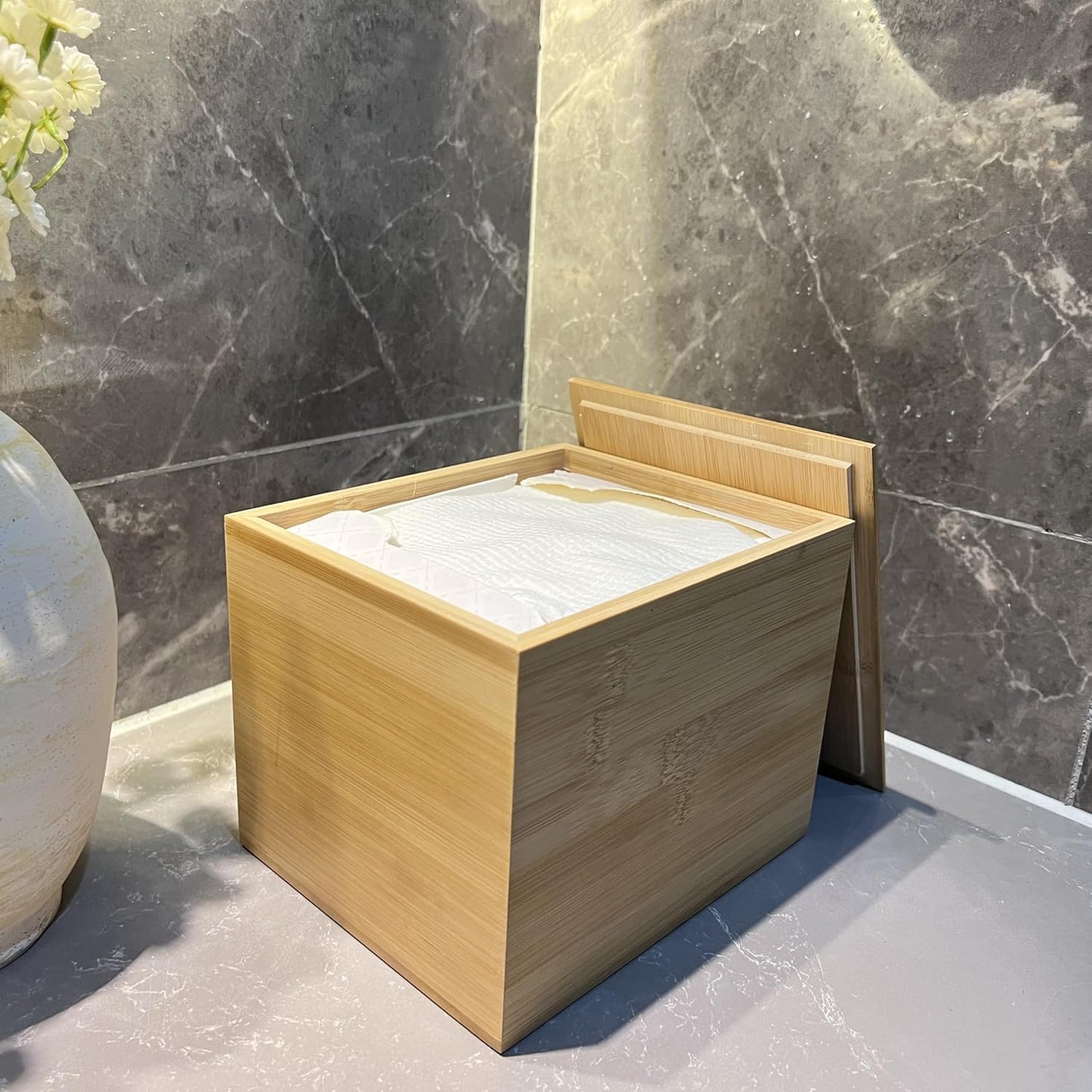 Bamboo Disposable Face Towel Holder - Stylish Bathroom Organizer for Easy Access | Countertop Storage Box