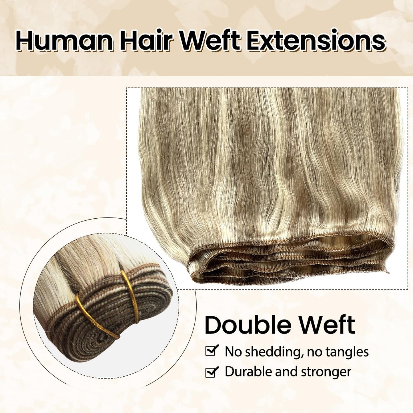 Sew in Hair Extensions Real Human Hair Ash Blonde with Platinum Blonde Highlights Weft Extension Real Remy Color Double Weft Full Head Straight Weaves Hand Tied Extensions for White Women 14 Inch