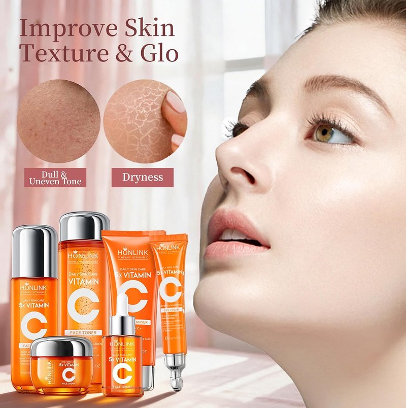 Hydrating Vitamin C Skincare Set - 6-Piece Daily Face Care Routine with Niacinamide, Cleanser, Toner, Serum, Moisturizer, Eye Cream & Body Lotion