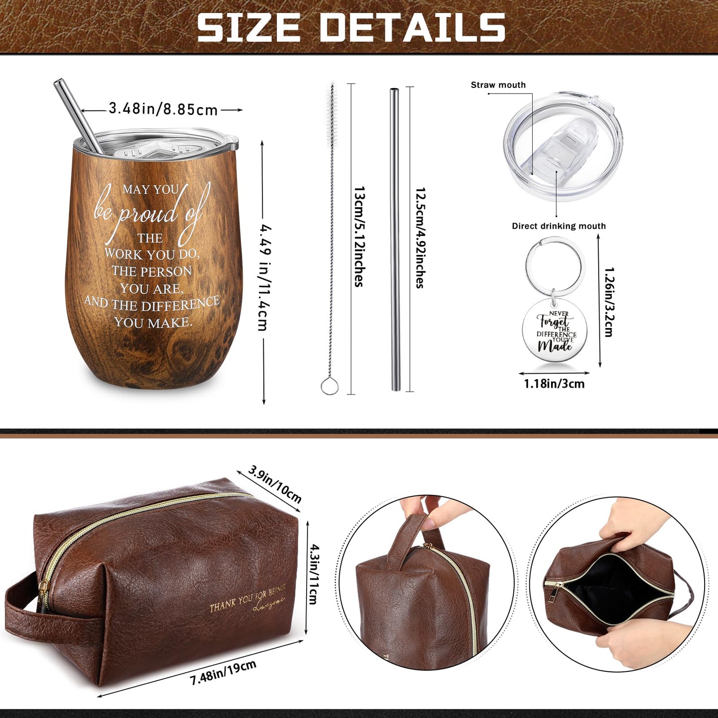 Dandat Set of 3 Male Teacher Appreciation Gifts Travel Leather Toiletry Bag 12oz Stainless Steel Tumbler with Keychain for Coworker Principal Male Nurses Employee Staff