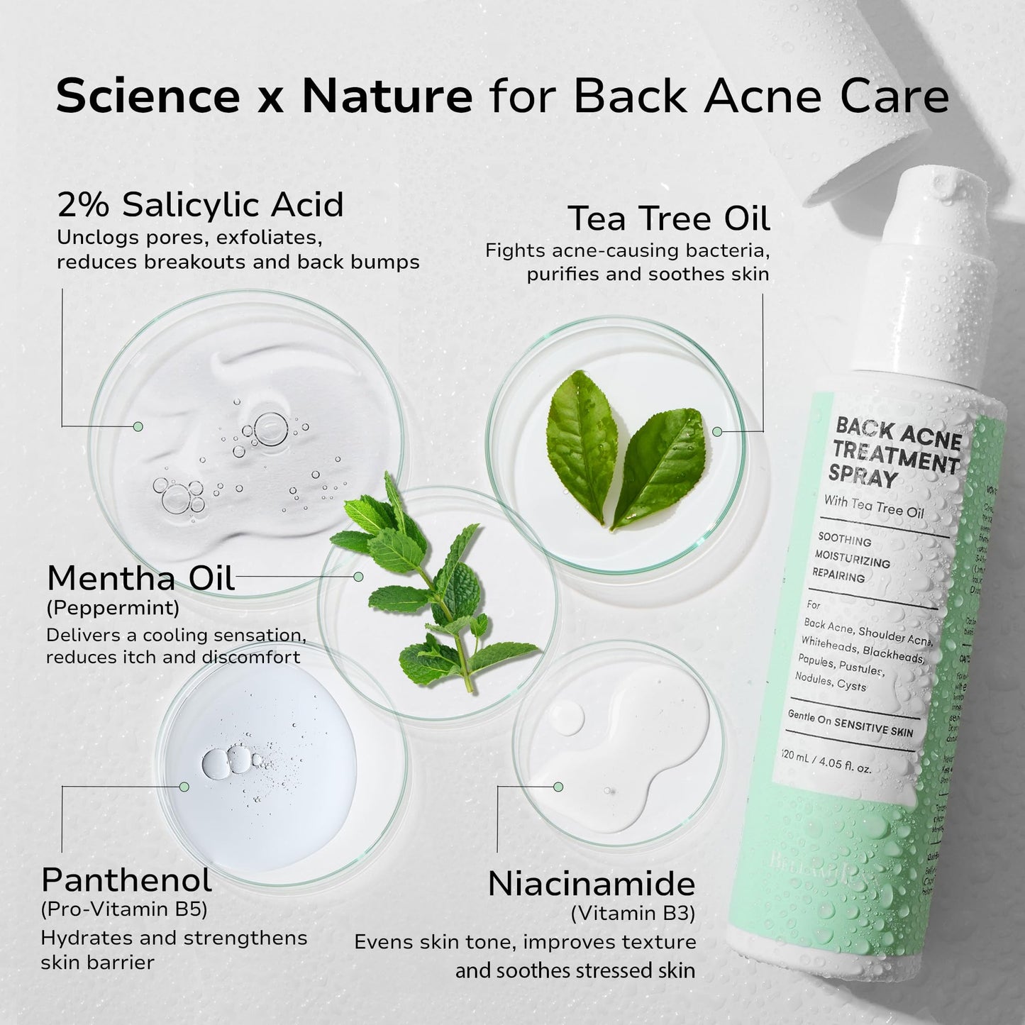 BellamiLuxx Back & Body Acne Treatment: 2% Salicylic Acid Back Acne Spray for Clear, Soothe & Moisturize - Effective Bacne Treatment with Tea Tree Oil, Body Acne Spray for Men, Women & Teens