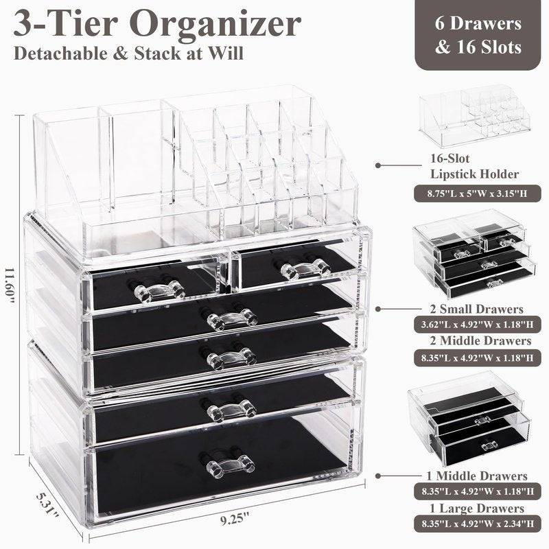 Sea Team 3-Layer Stackable Clear Makeup Organizer with Drawers, Acrylic Plastic Cosmetic Display Case, Jewelry Storage Box for Dresser, Bathroom, Vanity, Countertop (6 Drawers, 1 Lipstick Holder)