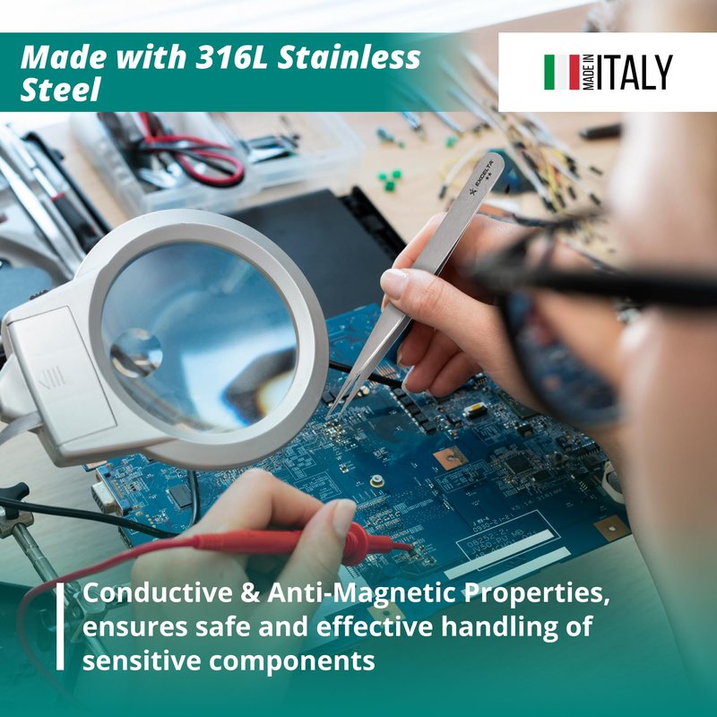 Excelta 3-SA-PI Straight Very Fine Precision Pointed Tweezers, 4.75 Inch, Conductive Anti-Magnetic Stainless Steel 316L, Ideal for Magnification Work, Made in Italy, Intermediate