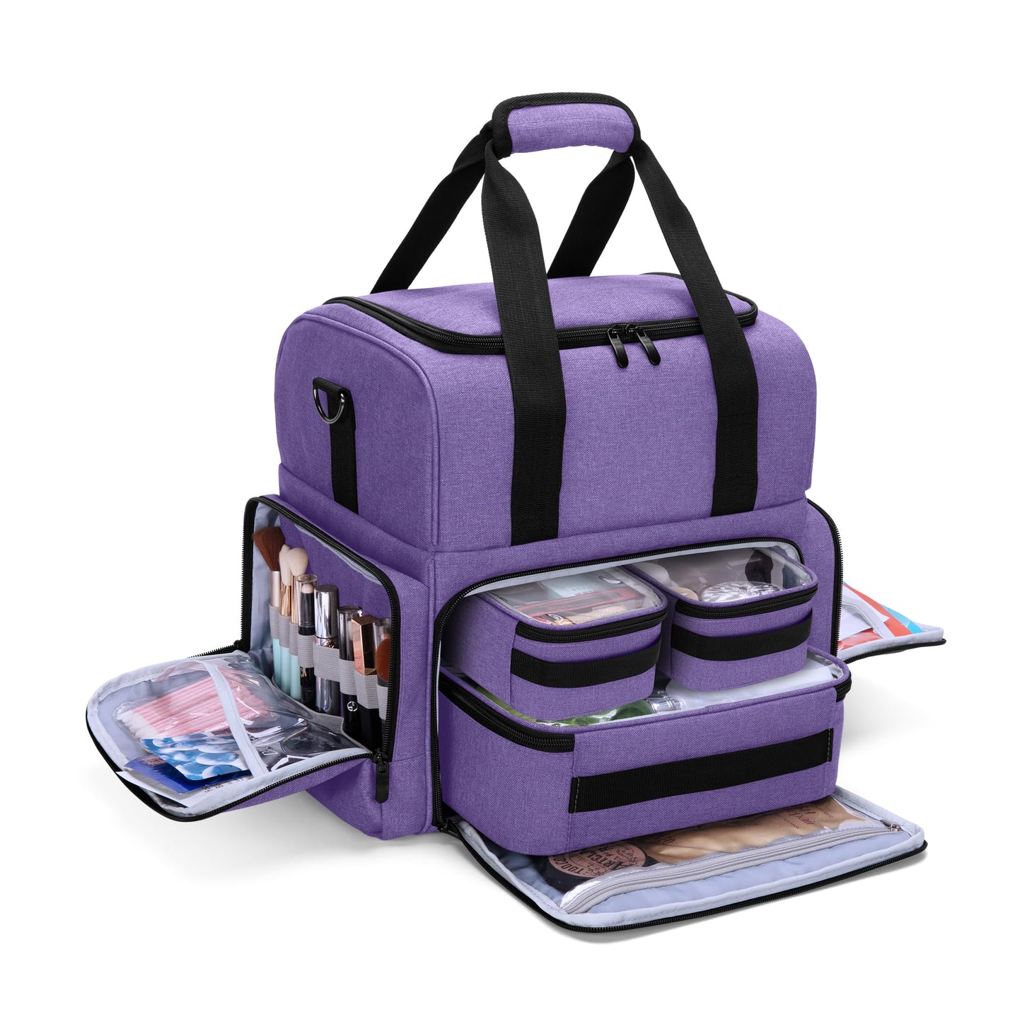 BAFASO 2 Layers Large Travel Makeup Bag with 3 Inner Removable Pouches, Cosmetic Bag with Detachable Dividers (Patented), Purple
