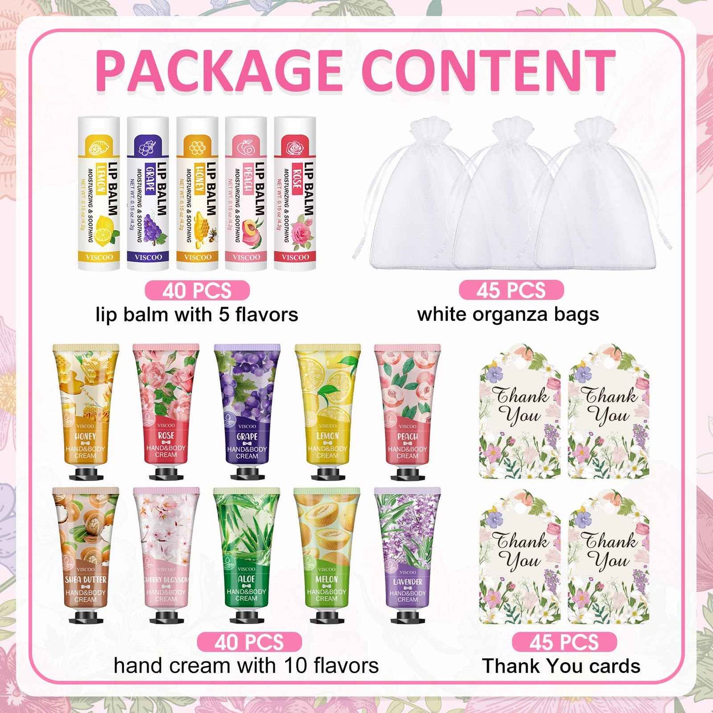 VISCOO 40 Sets Hand Cream Bulk and Lip Balm Bulk Gifts, Stocking Stuffers for Women Teengirls, Christmas Gifts,Bridesmaid Gifts for Guests with Thank You Card Organza Bags,Thank You Gifts, Small Gifts