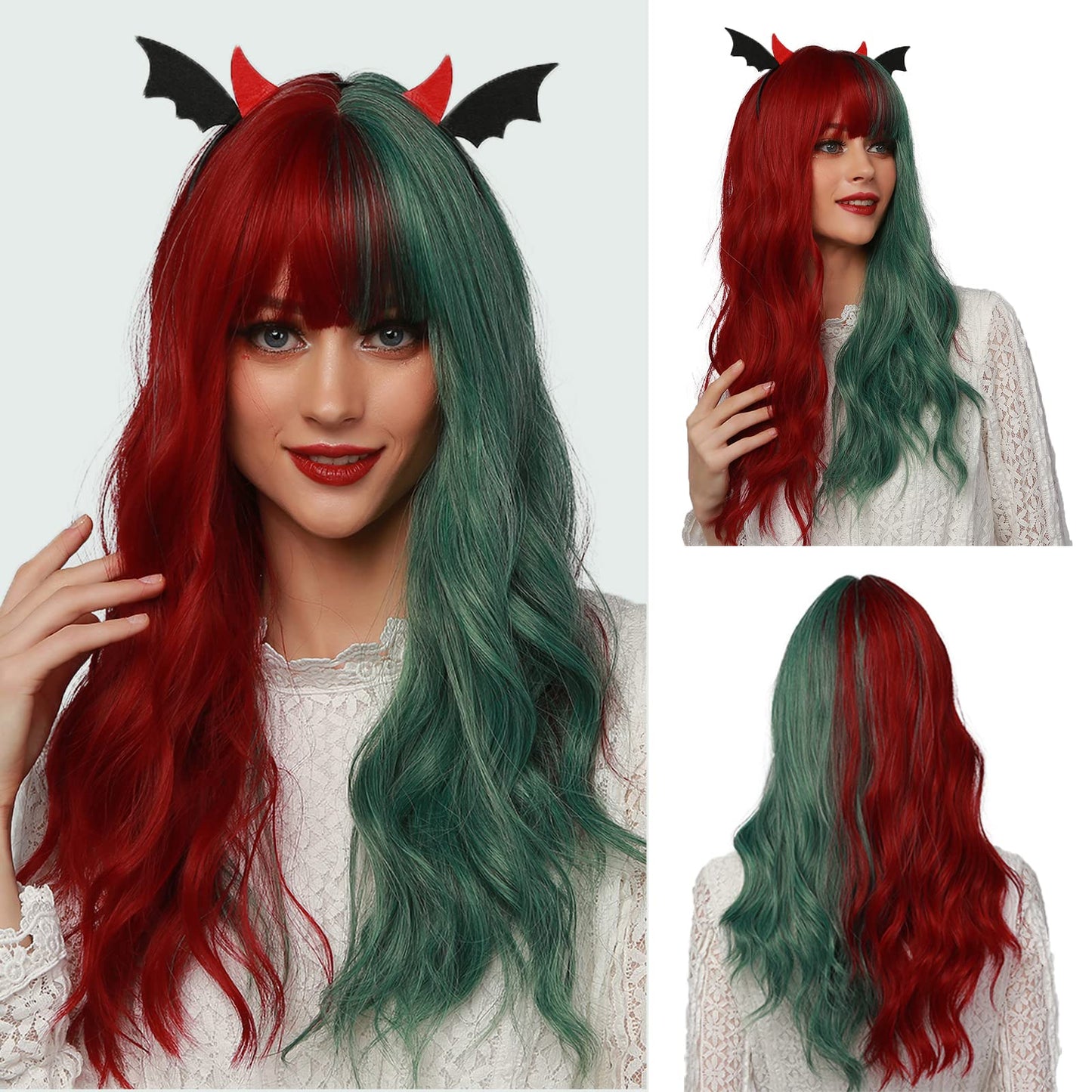 OUFEI Long Wavy Half Red Half Green Wigs with Bangs for Women Natural Synthetic Hair Heat Resistant Wig for Christmas Cosplay Party Use-22 Inches