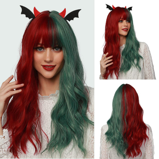 OUFEI Long Wavy Half Red Half Green Wigs with Bangs for Women Natural Synthetic Hair Heat Resistant Wig for Christmas Cosplay Party Use-22 Inches