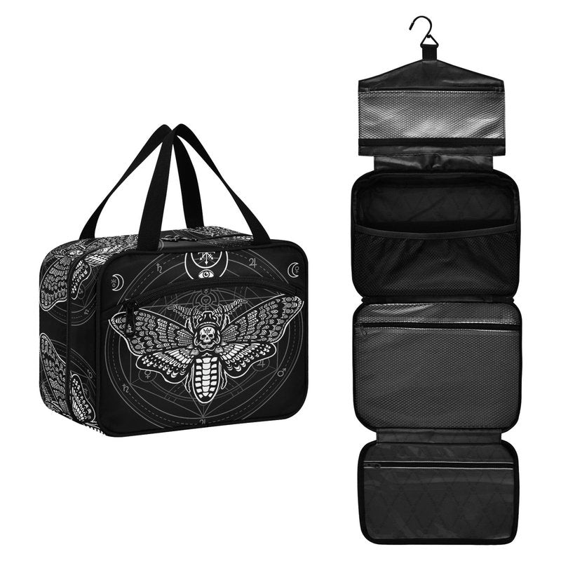MNSRUU Hanging Toiletry Bags for Women Travel, Gothic Black Skull Moth Toiletry Organizer Portable Travel Toiletry Bags Clear Wash Bags Makeup Bag Cosmetic Bag
