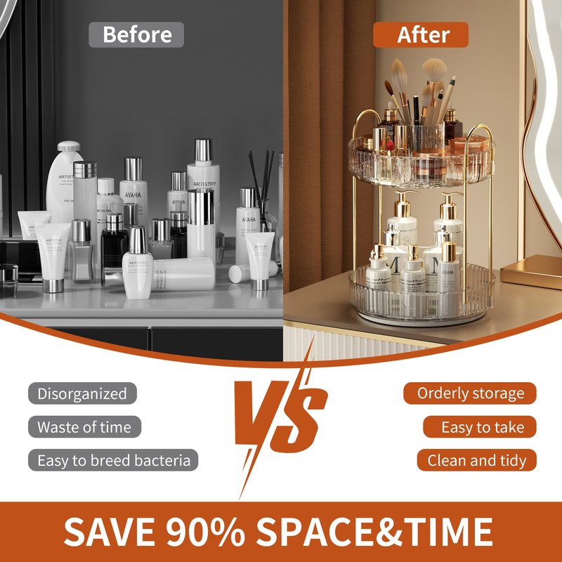 YCIA&DONE Rotating Makeup Organizer for Vanity, Large Capacity Make Up Storage Skin care Shelf Perfume Holders Cosmetic Dresser Organizer Countertop Spinning 360 (White Clear, 3Tiers)