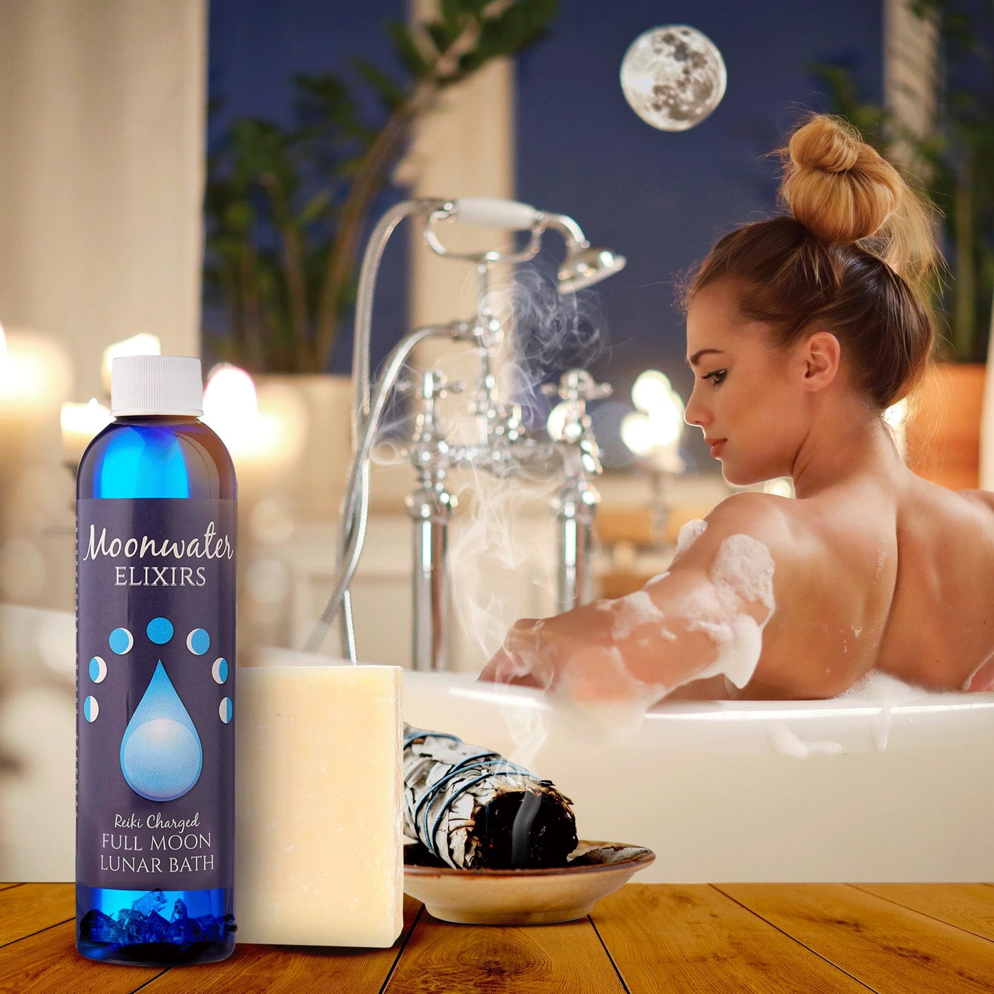 Full Moon Spiritual Bath Kit with Bath Oil, Sage Smudge Stick & Smudge Soap - Cleanse, Clarify & Recharge Your Energy, Aura Cleansing, Chakra Healing, Relaxation Rituals for Manifestation & Meditation