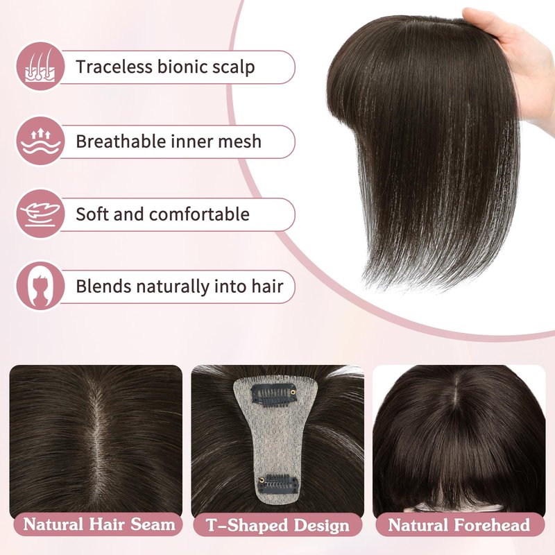 Wirctp Hair Toppers Bangs Hair Clip Real Human Hair 360°3D Cover Clip in Bangs for Woman with Thinning New upgraded realistic scalp Hairpieces for Daily Wear(Dark Brown)