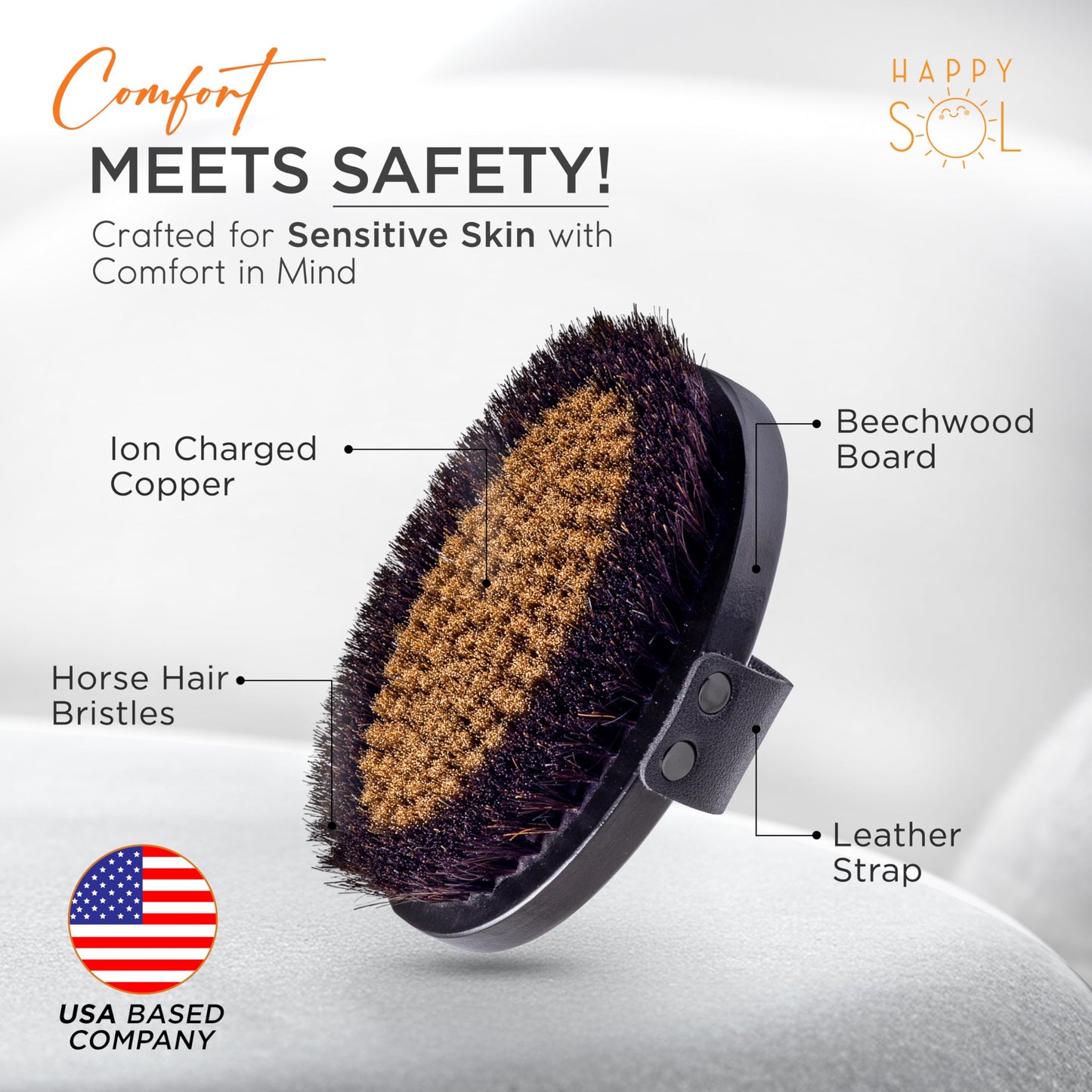 Copper Dry Brushing Body Brush for Lymphatic Drainage by HAPPY SOL - Ion Charged Copper Bristles for Glowing Skin, Improve Blood Circulation and Reduce Stress