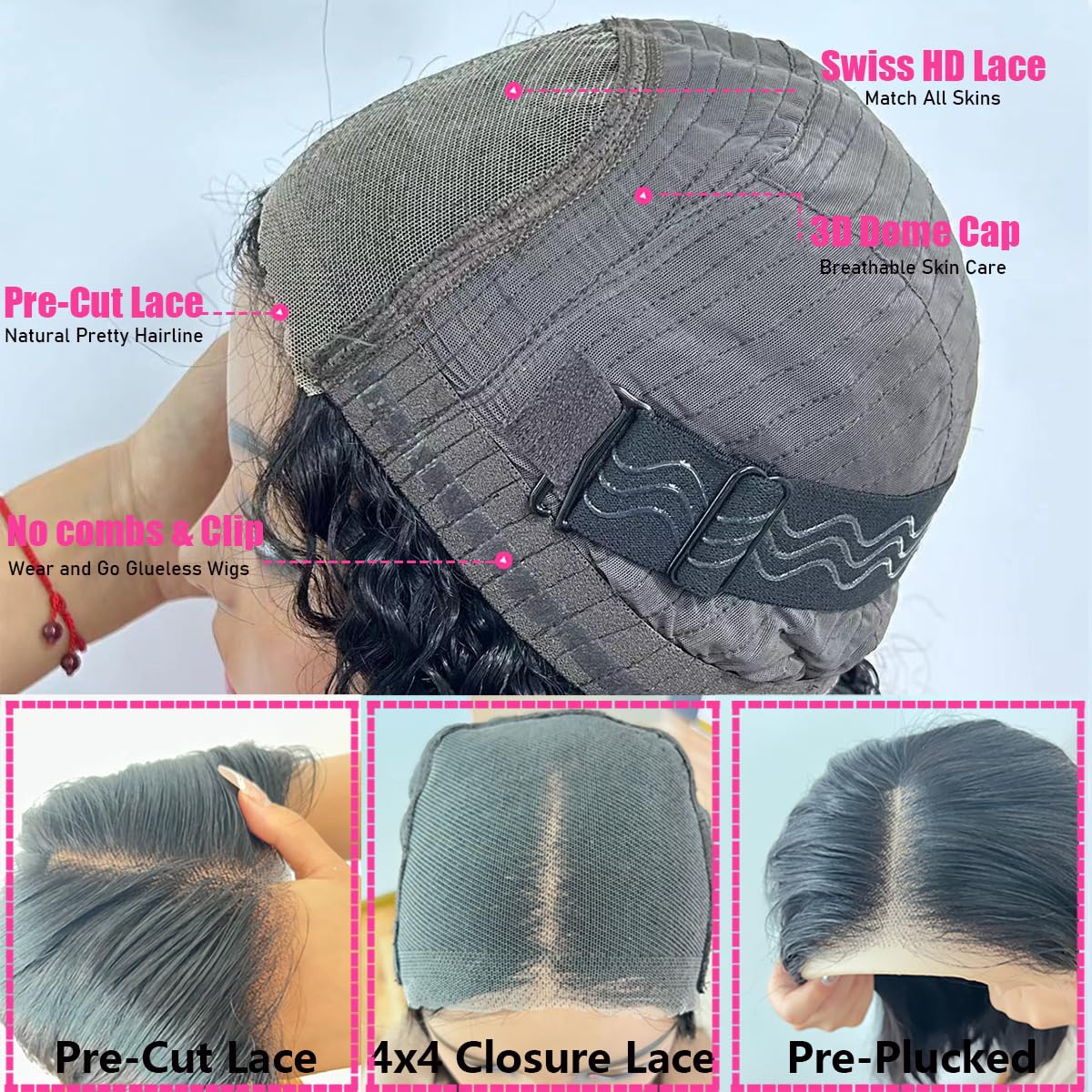 Tascal Wear and Go Glueless Short Curly Bob Wig 4x4 Lace Closure Wigs Human Hair Brazilian Human Hair Wigs for Women Wet and Wavy(14 Inch)