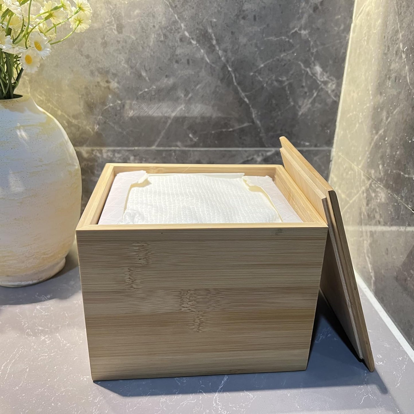Bamboo Disposable Face Towel Holder - Stylish Bathroom Organizer for Easy Access | Countertop Storage Box