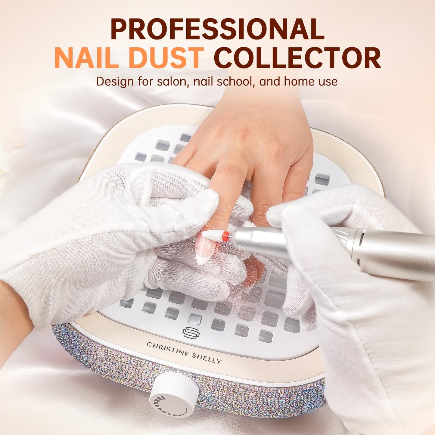 CHRISTINE SHELLY Nail Dust Collector, Mini Bling Crystal Diamond Compact 6000RPM Powerful Vacuum Fan Vent Dust Collector Extractor Dust Suction Machine for Acrylic Nails Polishing, Fast Charging