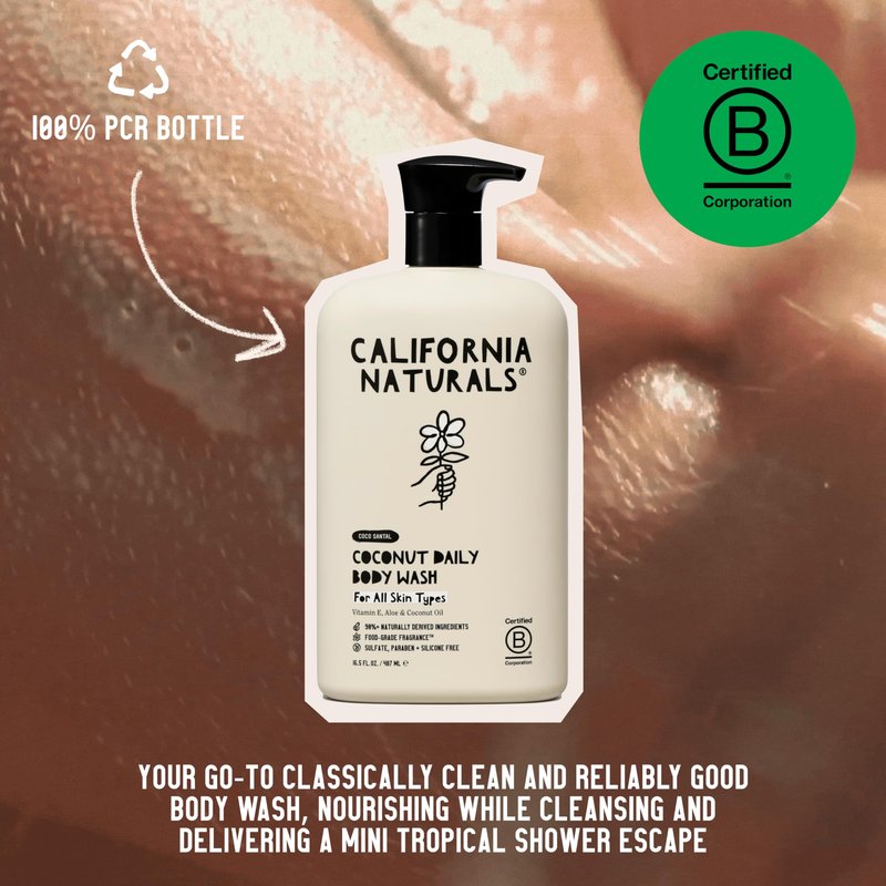California Naturals Body Wash for Women and Men, Vitamin E Shower Gel Cleanser, Natural, Vegan & Cruelty Free, Paraben & Sulfate Free, Moisturizing Skin, Coconut, All Skin Types, 16.5 fl oz