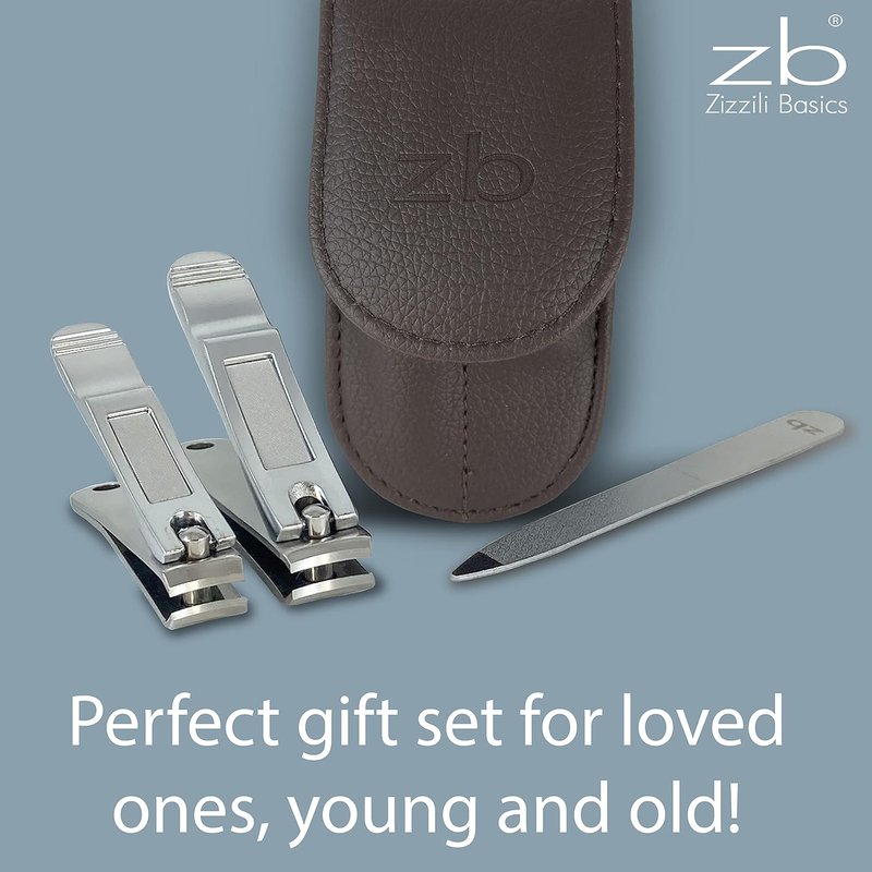 Nail Clippers Set - 3-Piece Stainless Steel Fingernail & Toenail Clippers with Nail File | Brown Travel Case for Men & Women