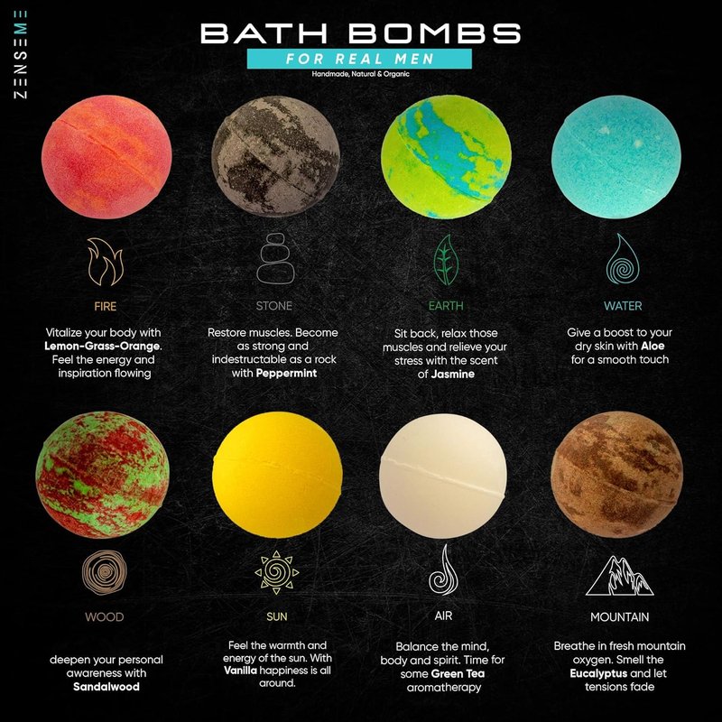 Bath Bombs for Men - Gift Set of 8 Scented Organic Handmade Bath Bombs with Essential Oils | 2.5 oz Each
