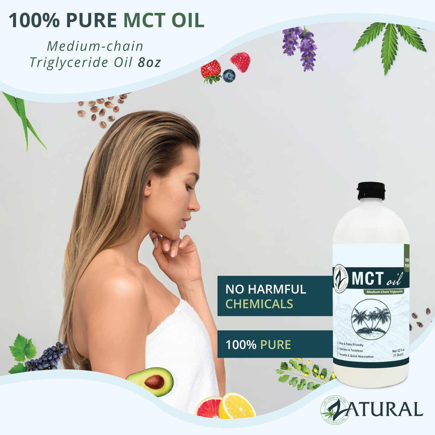 Pure MCT Oil, Carrier, Massage, Hydrating for Hair, Food, and Therapeutic Grade, 32 Oz