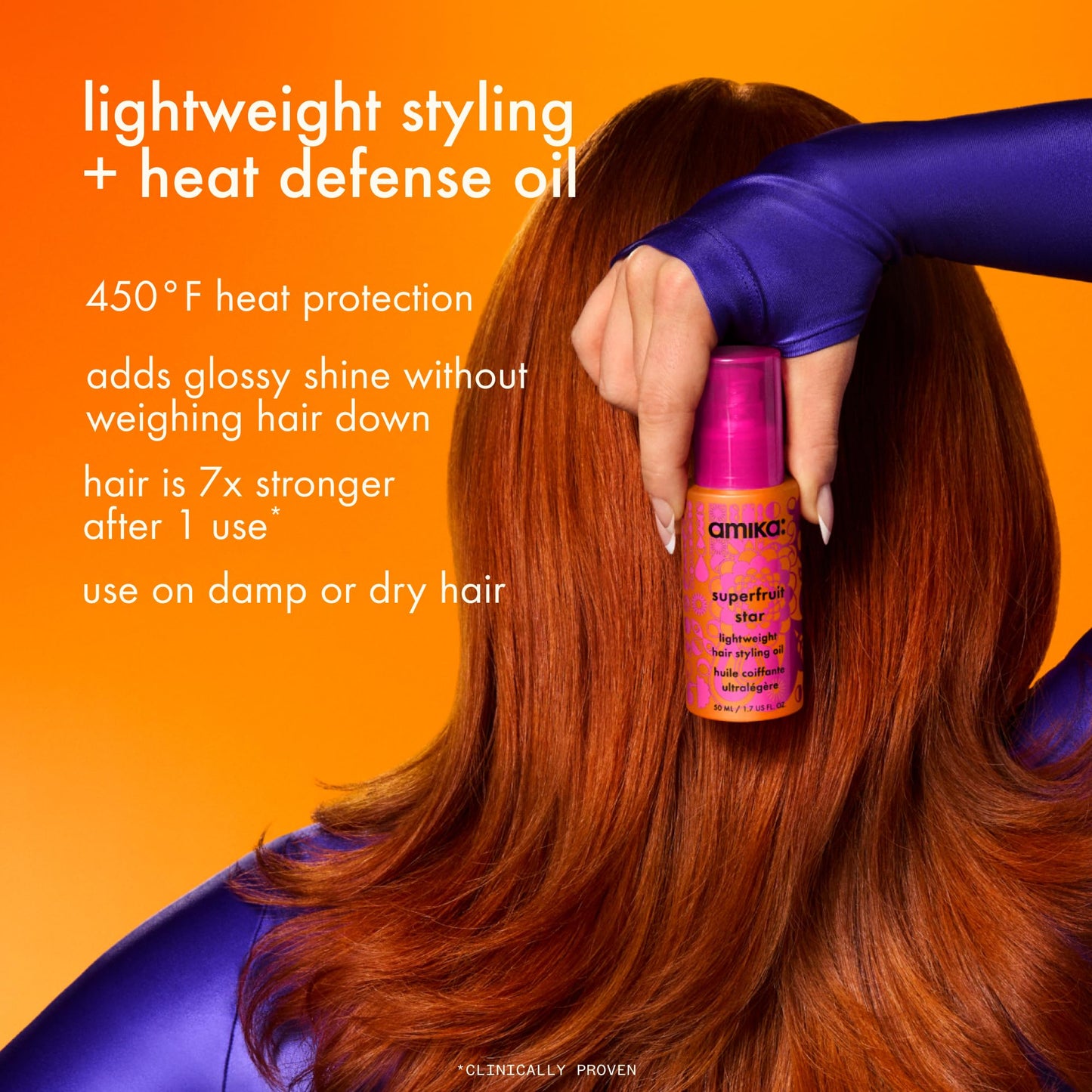 amika superfruit star lightweight hair styling + heat defense oil, 20ml | heat protection, strengthen + reduce breakage, smooth frizz, add glossy shine