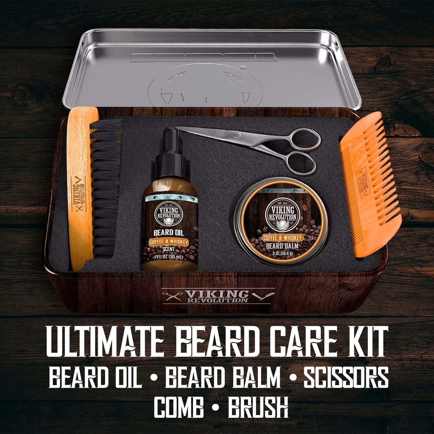 Viking Revolution - Ultimate Beard Kit Coffee and Whiskey - Beard Grooming Kit for Men with Beard Brush, Beard Comb, Beard Balm, Beard Oil, Beard and Moustache Scissors - Husband Gifts for Men