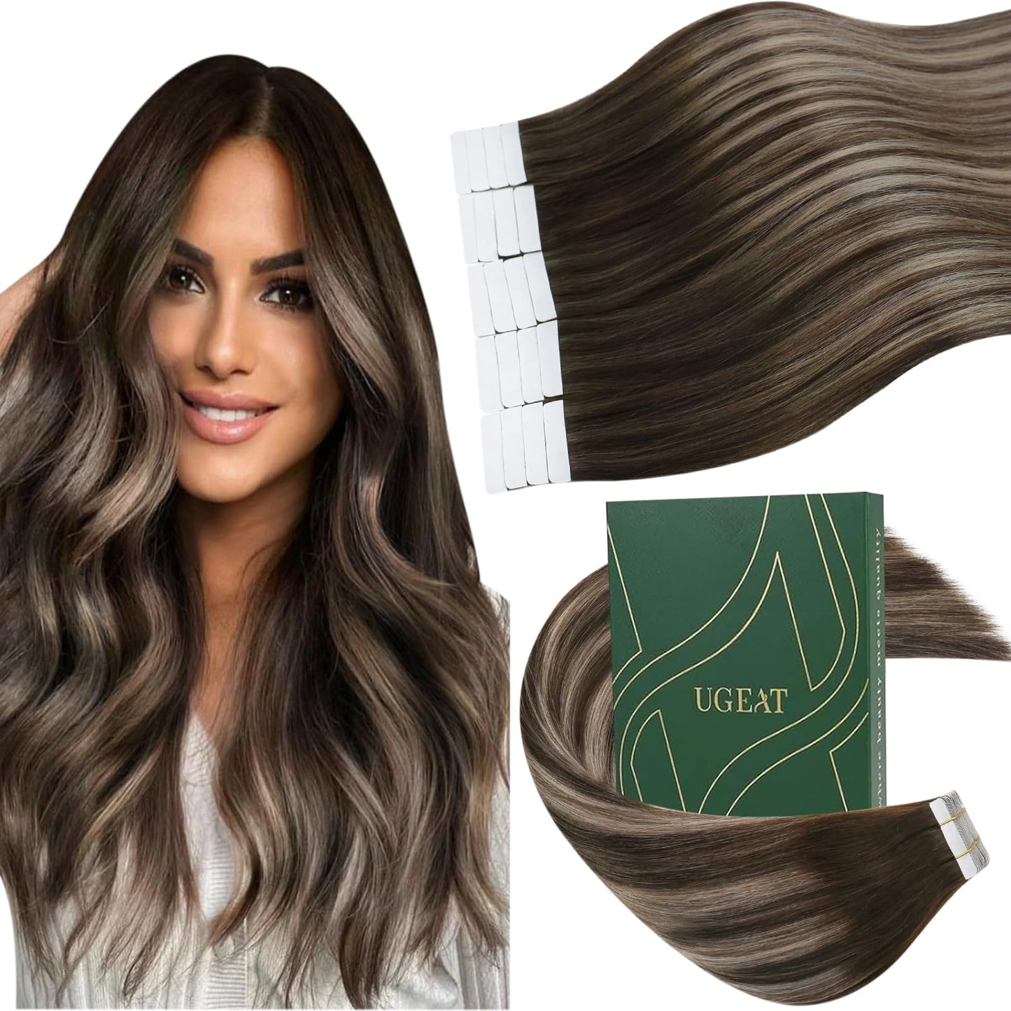 Ugeat Dark Brown Tape in Hair Extensions Human Hair Ombre Hair Extensions Tape in Dark Brown Mix Ash Brown Balayage Color Invisible Seamless Short Length for Wedding 14 Inch 20Pcs 40G
