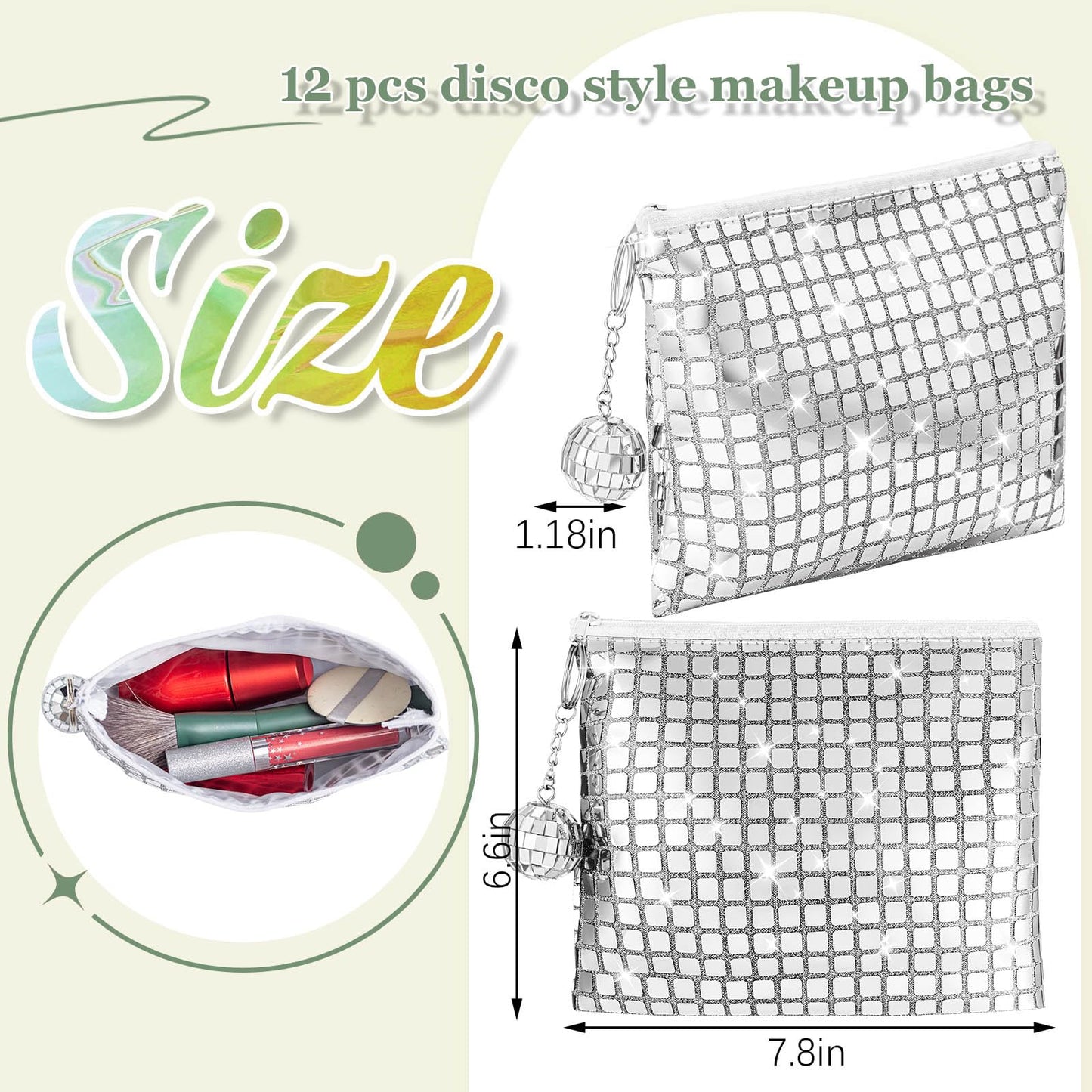 Locmeo 12 Pack Disco Party Favor Bags Bachelorette Sparkly Makeup Sequin Bag Portable Glitter Cosmetic Purse with Disco Keychain for Bachelorette Wedding Birthday 70s Retro Party Decorations (Silver)