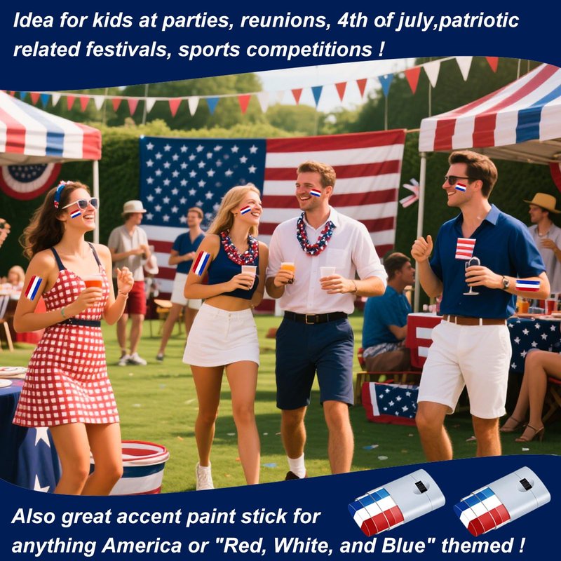 8pcs Red White and Blue Face Paint Stick, Long Lasting Patriotic Body Painting Baseball Eye Black America USA Flag Makeup Stick 4th of July Accessories for Kids Women Men Sports Party Independence Day