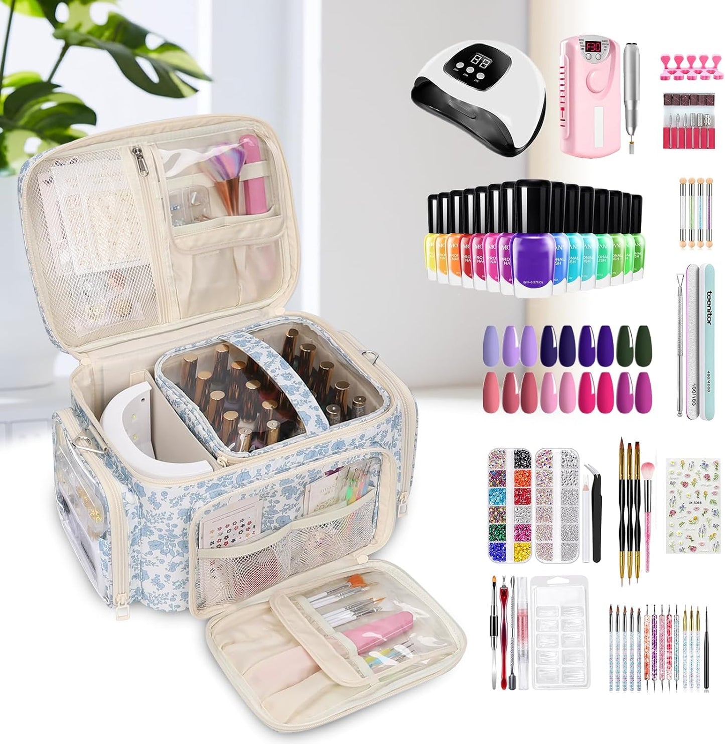 Nail Polish Organizer - Portable Storage for 42+ Bottles & Lamp | Travel Nail Kit Case - Blue Flower Design