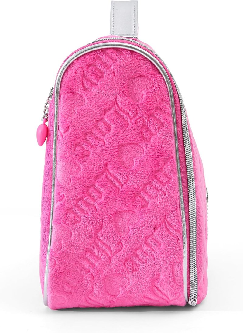 Juicy Couture Pink Makeup Bag - Travel Cosmetics Organizer with Hanging Hook & Heart Velour Design
