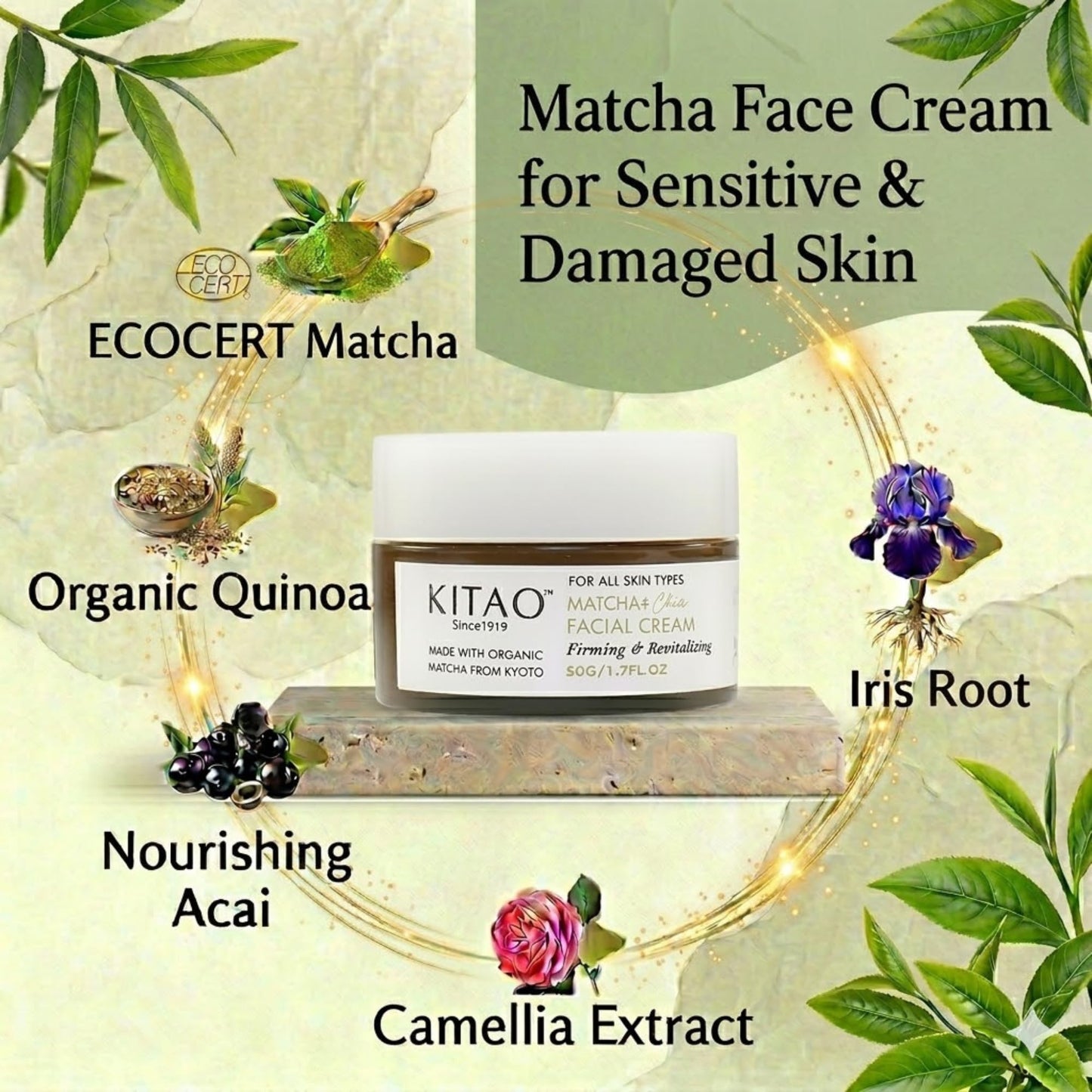 KITAO Anti Aging Face Cream for Women, Organic Face Moisturizer for Sensitive Skin with Matcha, Rice & Vitamin C | Retinol Face Cream, Japanese Skincare Face Moisturizing Cream for Dry Skin 1.7 Fl Oz