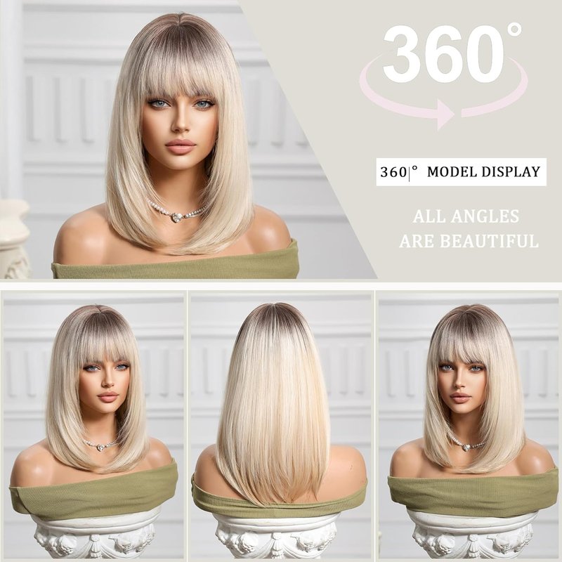 Blonde Bob Wig with Bangs - Ombre Synthetic Hair | 14-Inch Layered Short Straight Wig for Cosplay & Daily Wear