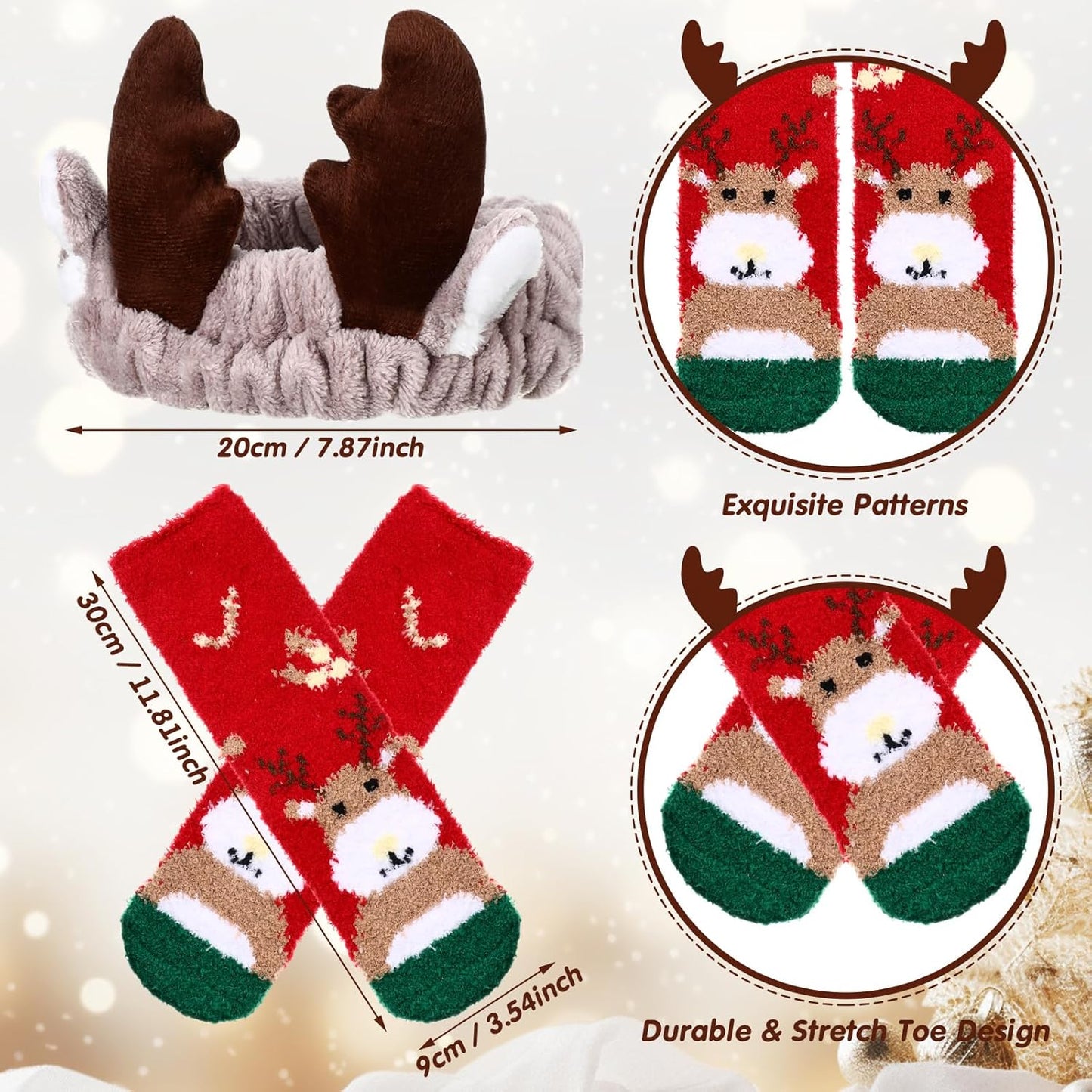 Christmas Antlers Headband Set - 12 Pieces with Fuzzy Socks for Holiday Parties | Deer Ear Design
