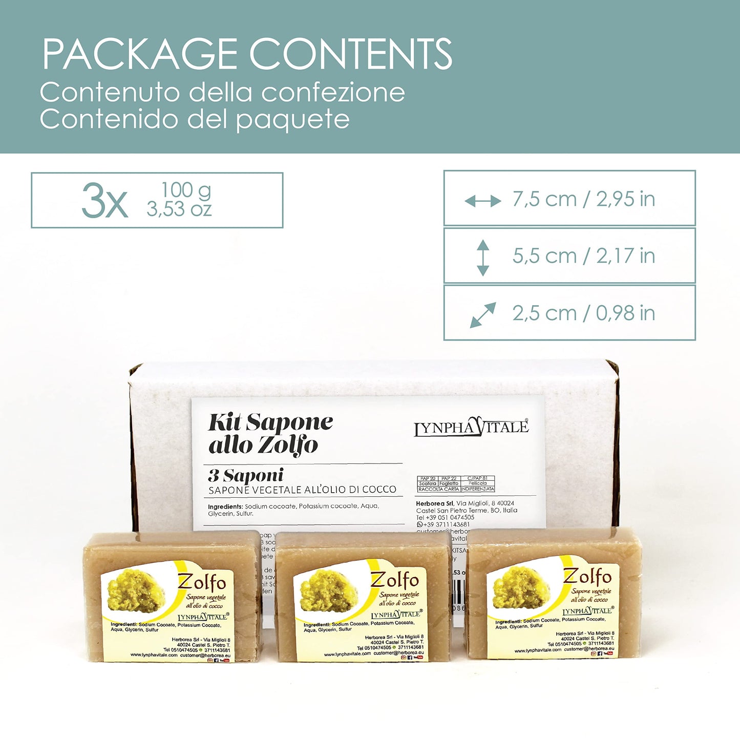 LYNPHA VITALE Sulfur Soap Bar - 100% Handmade Natural Bar Soap with Coconut Oil - Sulphur Soap ideal to Nourish and Heal Oily Skins - 3,5 oz - 3 Soaps Pack