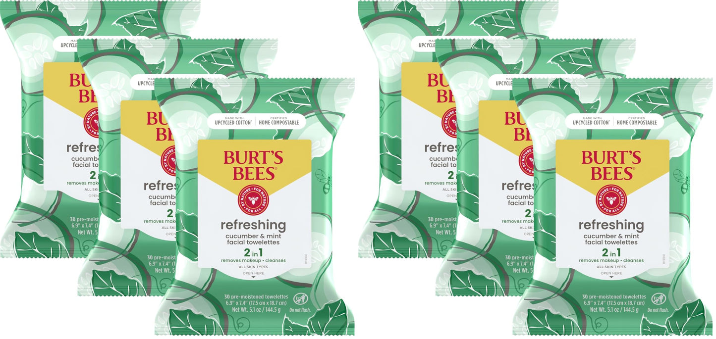Burt's Bees Cucumber & Mint Face Wipes, for All Skin Types, Refreshing Makeup Remover & Facial Cleansing Towelettes, 30 Ct. (Pack of 6)