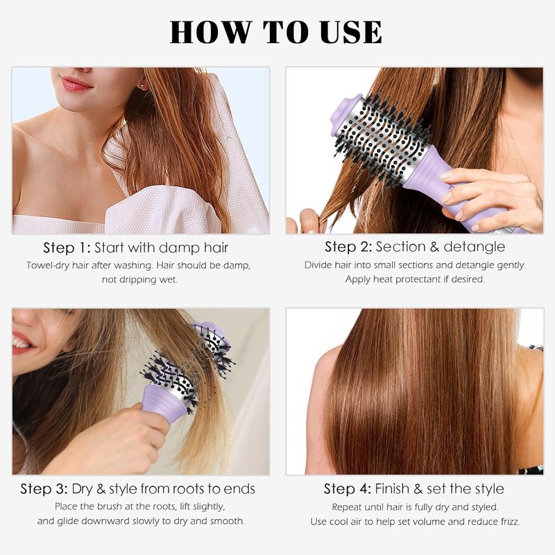 Blow Dryer Brush - 600W Oval Hot Air Volumizer & Straightener | Anti-Frizz Styling Tool (2 Inch) - Blue & Purple