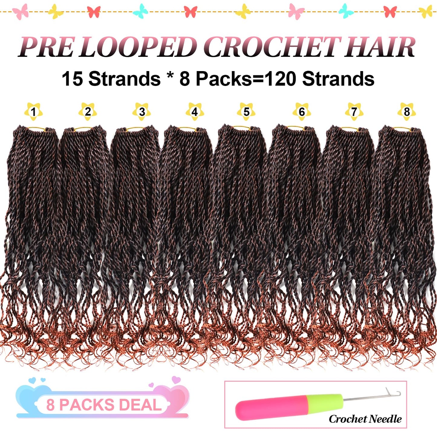 Wavy Senegalese Twist Crochet Hair Ginger 8 Inch Pre Looped Short Crochet Hair with Curly Ends 8 Packs Curly Crochet Hair for Black Women Synthetic Crochet Braids 120 Strands Kinky Twist Hair(T350)